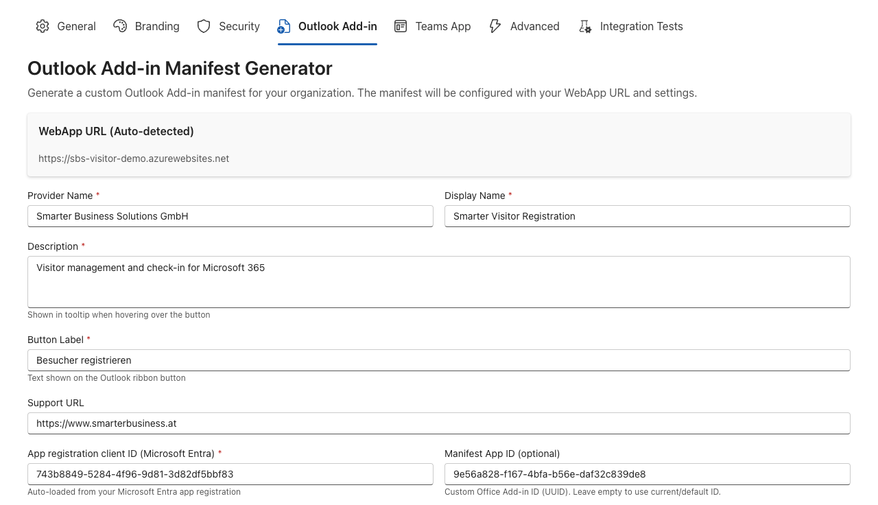 Outlook Add-in tab with the manifest fields