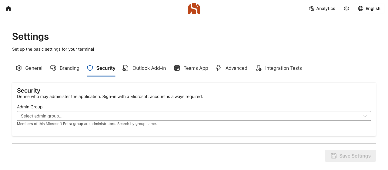 Security tab with the selection of the admin group