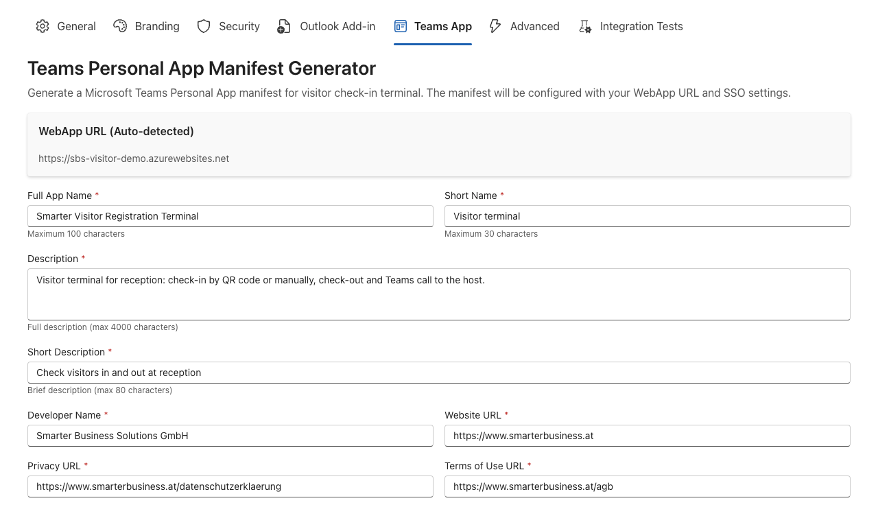 Teams App tab with the fields for app name, description, colour and version