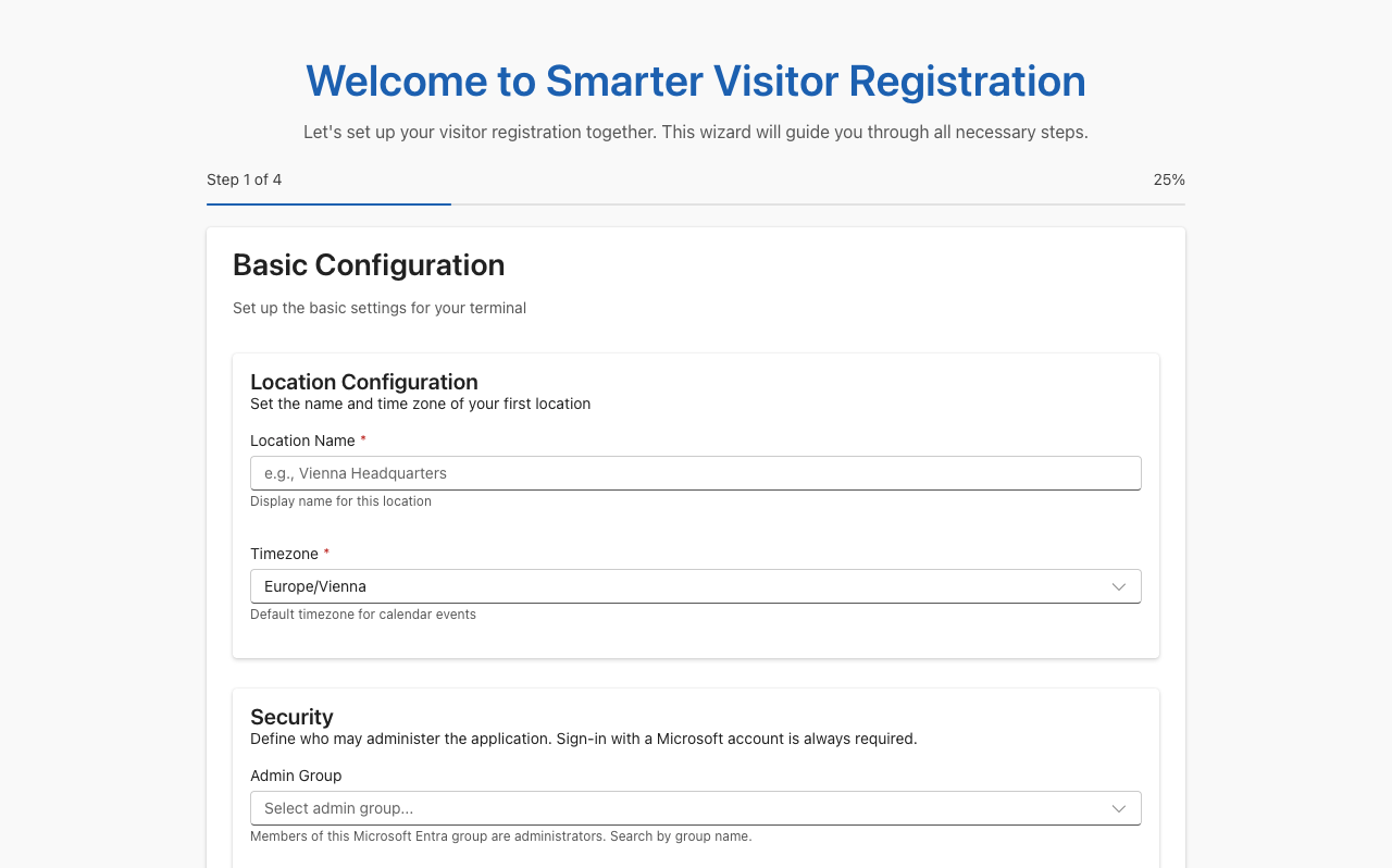 Setup wizard with the first step, Basic Configuration