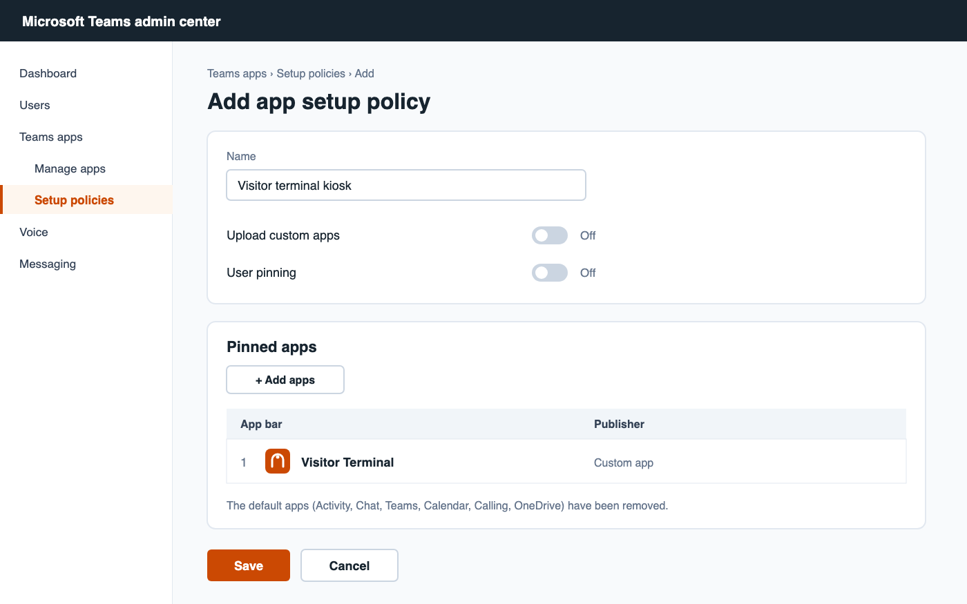 Schematic illustration of a setup policy in the Teams admin center with the visitor terminal as the only pinned app