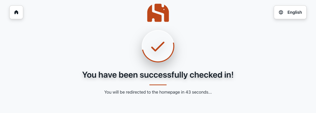 Confirmation that you have been successfully checked in, with return to the home screen