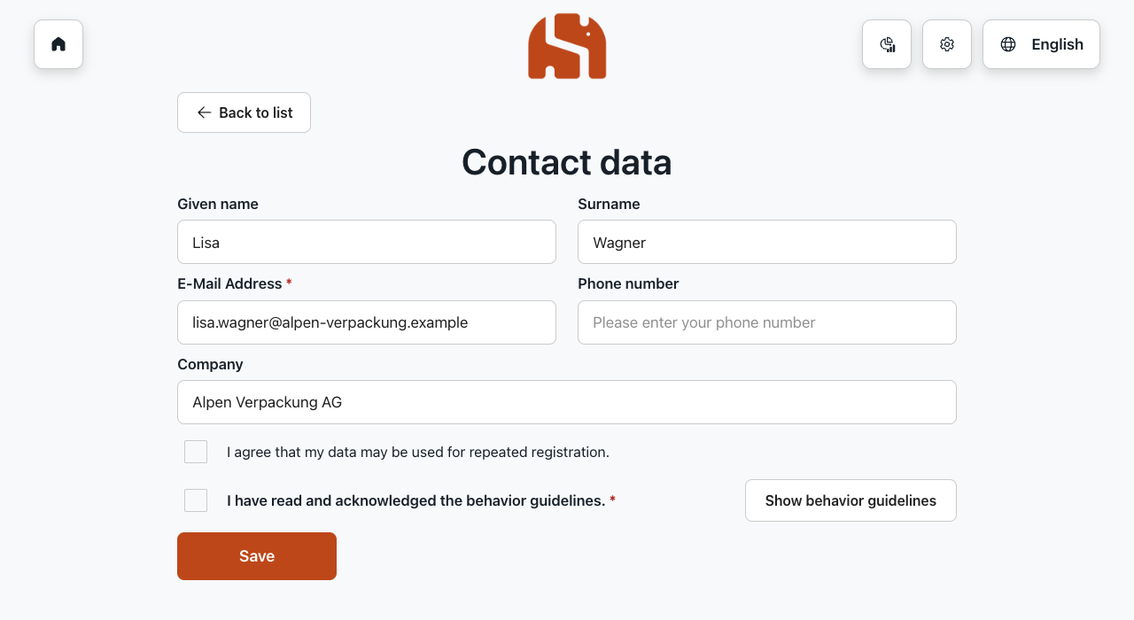Contact data form with consent and confirmation of the behavior guidelines