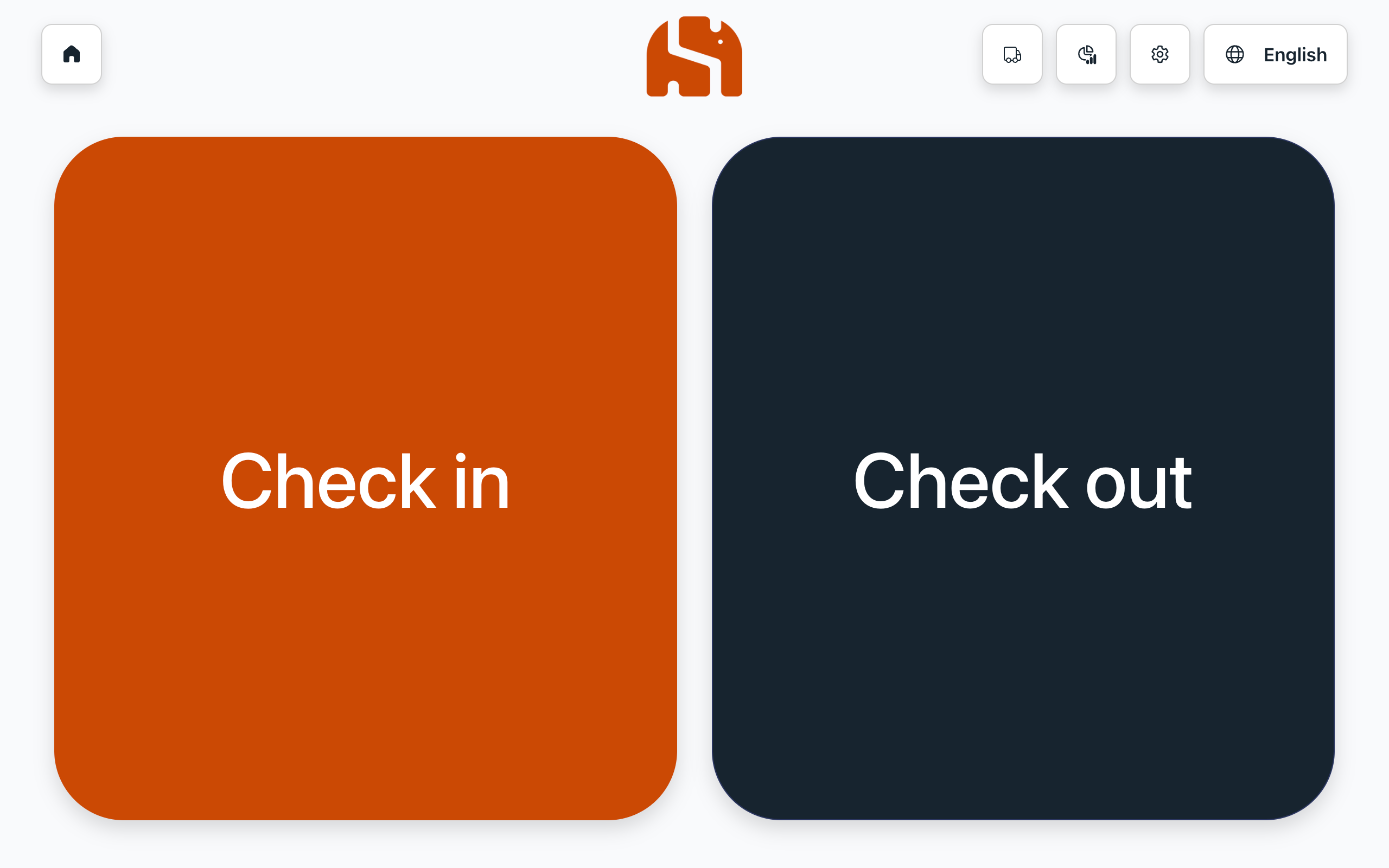 Terminal home screen with the Check in and Check out buttons