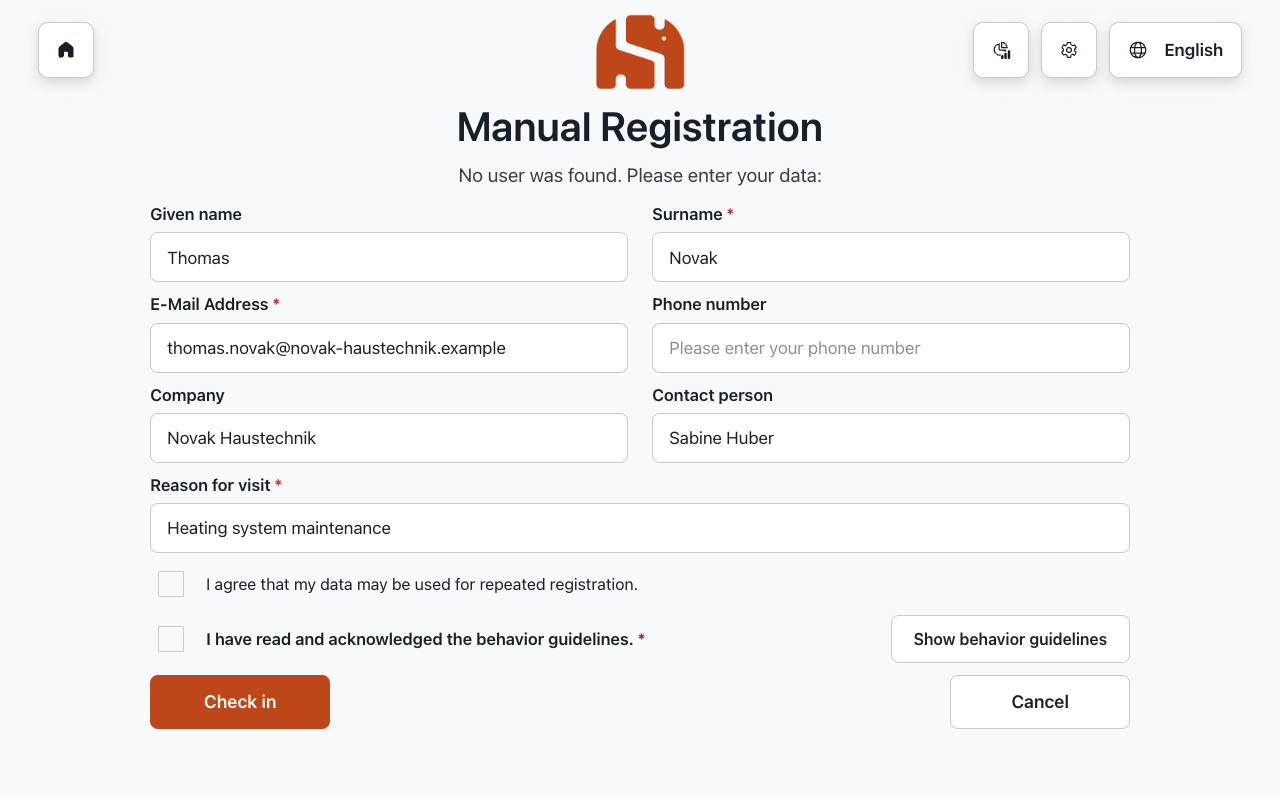 Manual Registration form with name, email, company, contact person and reason for visit
