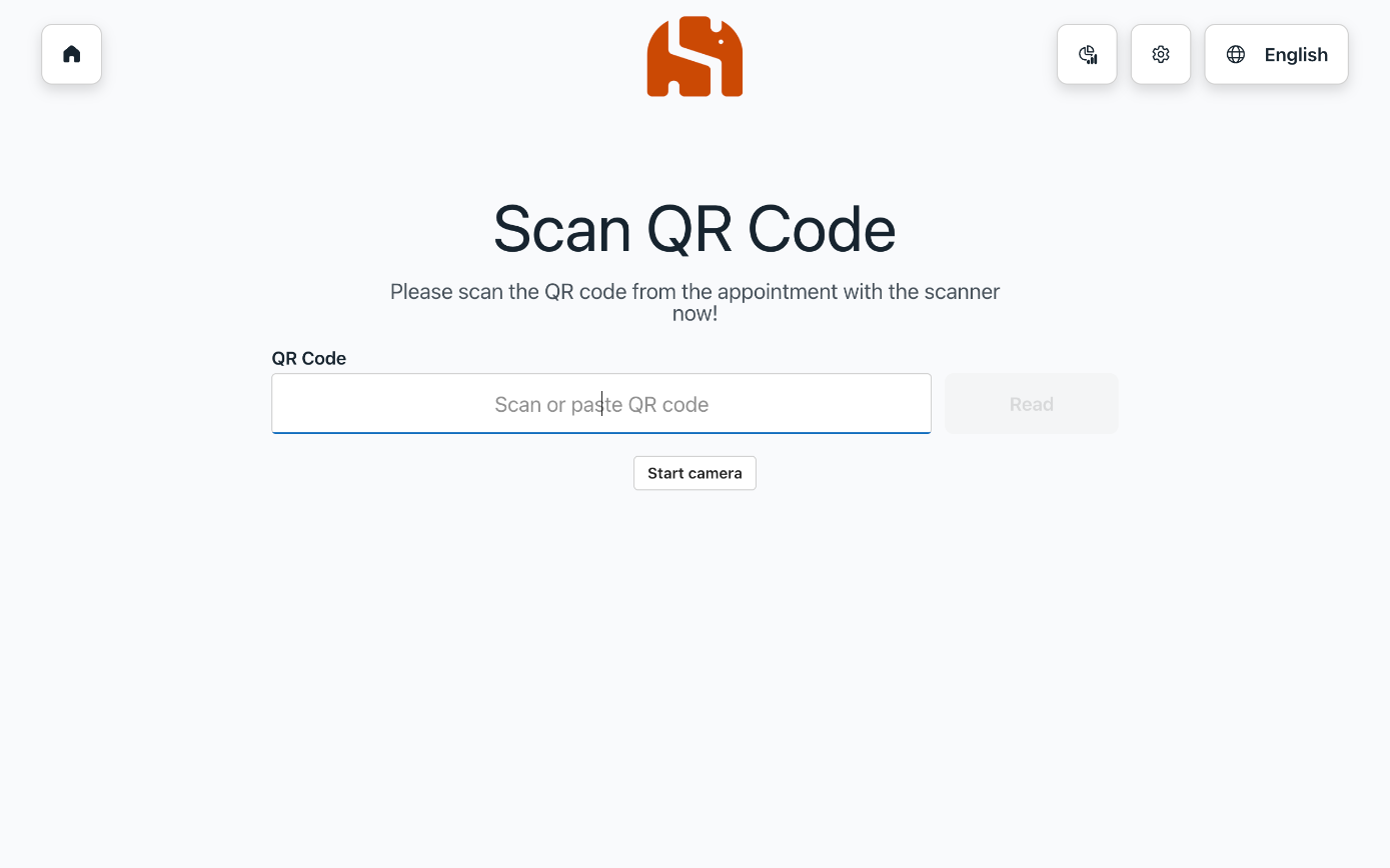 Scan QR Code page with an input field and the Start camera button
