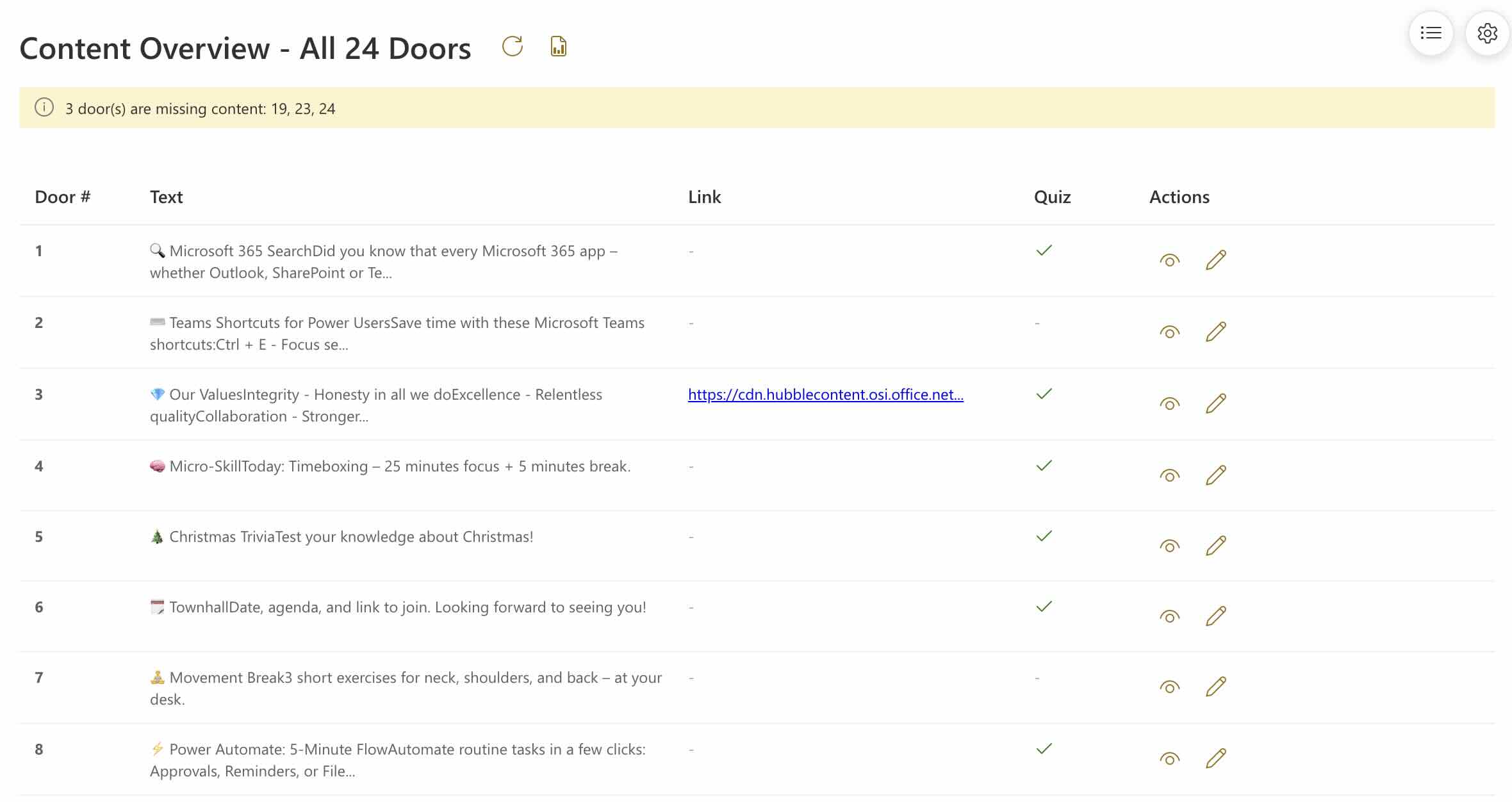 Content-Liste Übersicht mit allen 24 Türchen