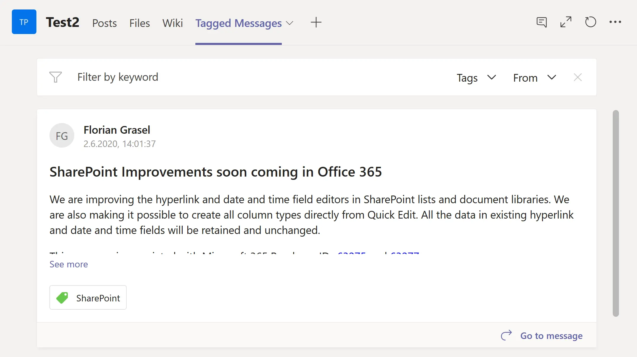 Screenshot: Category view of TagTeam messages