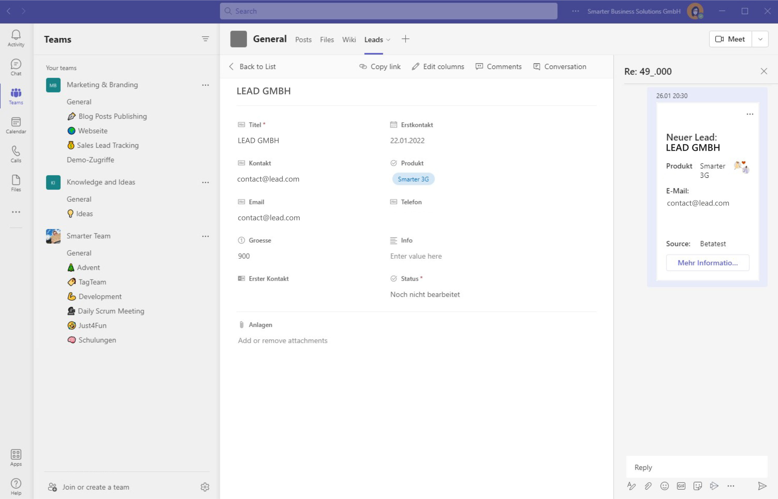 Notify your team about new leads — Adaptive Card in the list conversation thread