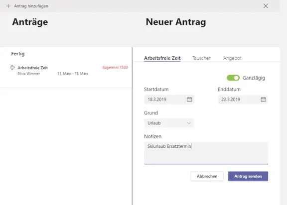 Teams App Schichten Neuer Antrag