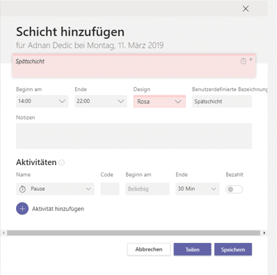Teams App Schichten Schicht hinzufügen