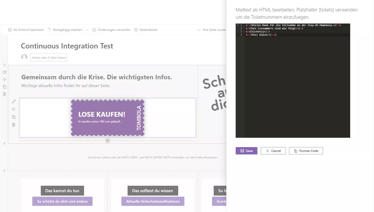 Raffle in SharePoint and Teams: Mail text editor
