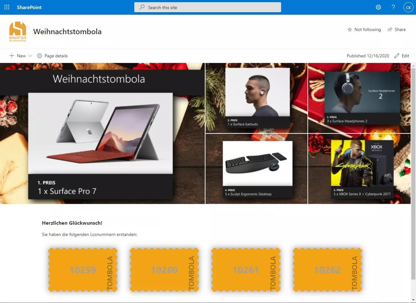 Tombola app – overview of purchased tickets