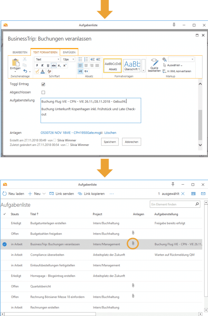 In the background, the document is added as an attachment in SharePoint