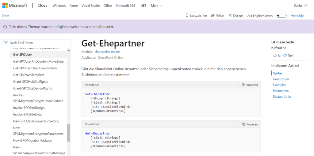 SharePoint Online Powershell get-ehepartner