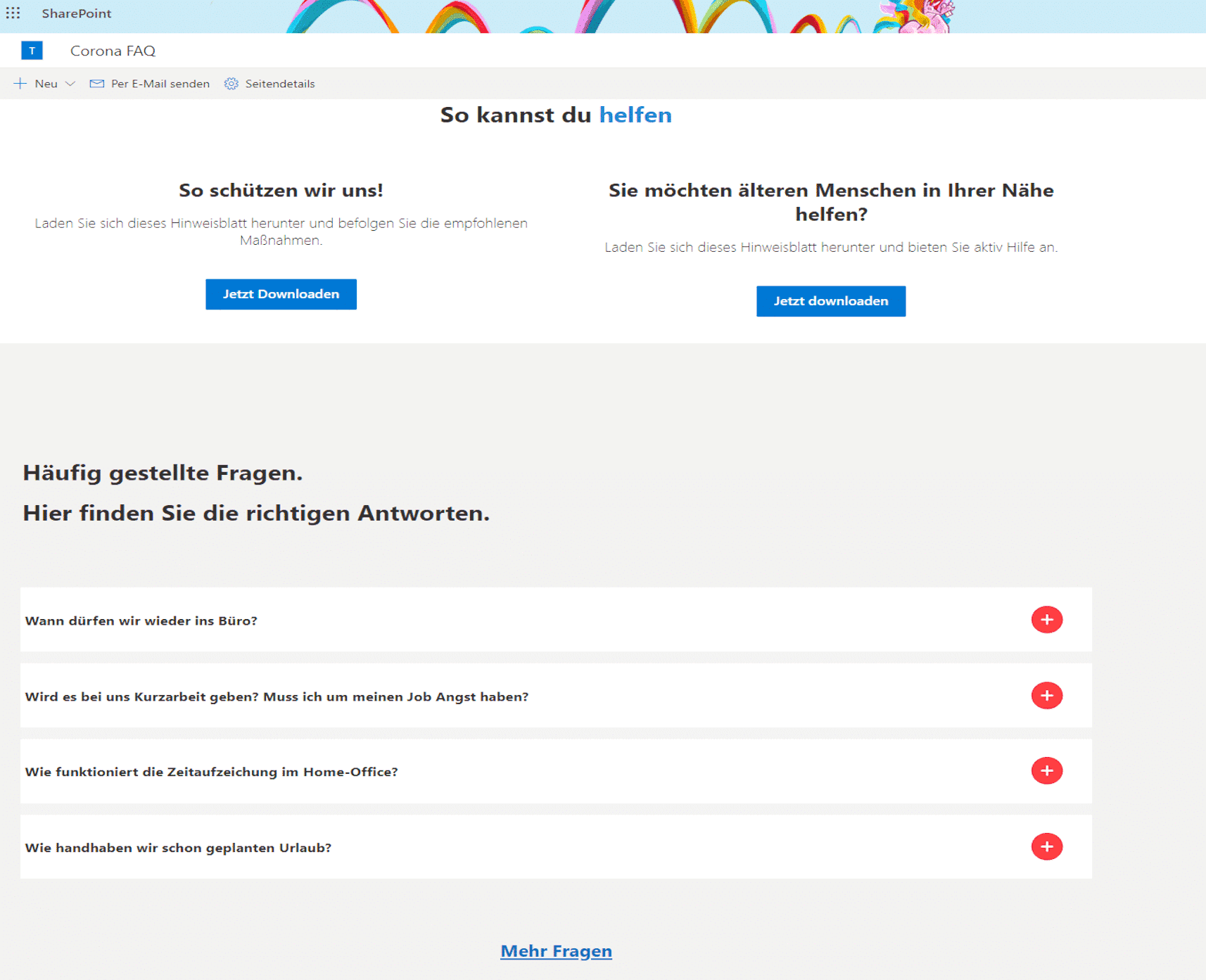 Screenshot of corona FAQ information page in sharepoint