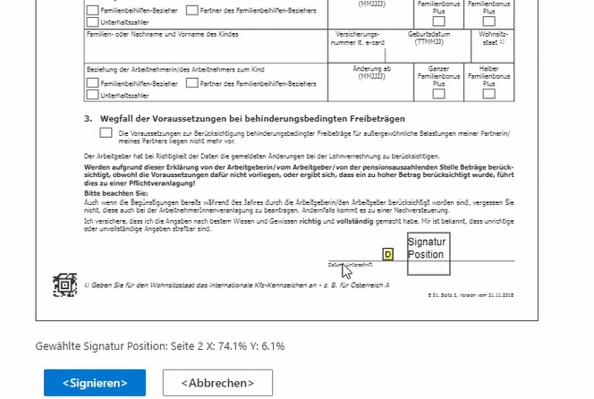 Digitale Unterschriftposition