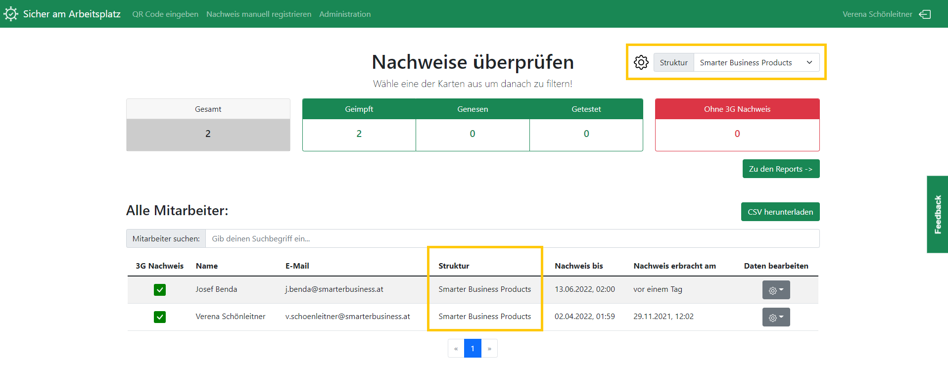 3G Konzern mehrere Standorte: Mitarbeiterübersicht eines Standortes